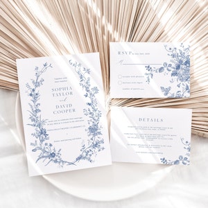 Vintage Floral Wedding Set, Navy Blue Invitation Template, Printable Invitation Set, Instant Download, Botanical Wedding Invite 43 image 2