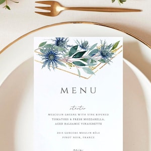 Blue Thistle Wedding Menu Template Greenery Printable Menu Editable Menu Instant Download Templett Dinner Menu Cards Edit Yourself Blue 25