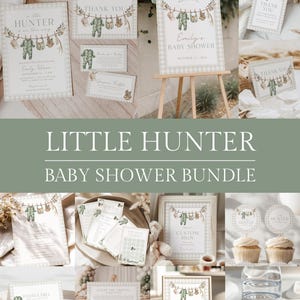 May include: A collection of baby shower stationery with a hunting theme. The set includes invitations, thank you cards, and signs, all featuring a green and beige color scheme with gingham patterns and camouflage accents. The text "Little Hunter" is prominently displayed.