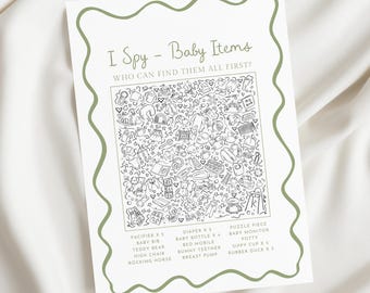 Sage Green - I Spy Hidden Object Baby Shower Game Card (Printable Template with Wavy Border)