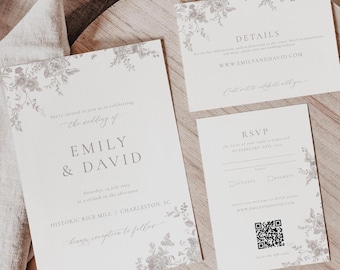 Earthy Taupe Vintage Floral Wedding Set, Invitation Template, Printable Invitation Kit, Instant Download, Victorian Wedding Invite 56
