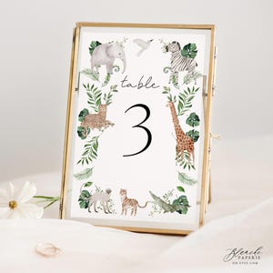 Safari Animals Table Number: Tropical Greenery, Editable Template (PDF)