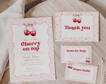 Paquete para baby shower "Cherry on Top" (Coquette Cherry): Invitación, Libros para bebé, Rifa de pañales, Tarjeta de agradecimiento