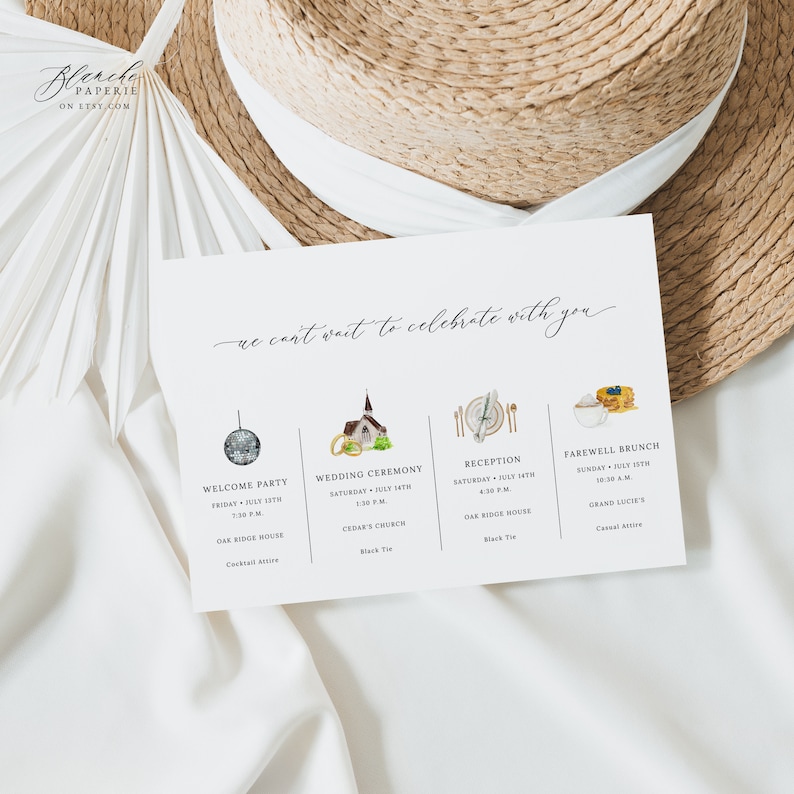 May include: A wedding invitation with a watercolor design. The invitation includes details for the welcome party, wedding ceremony, reception, and farewell brunch. The text reads 'we can't wait to celebrate with you.' The invitation is on a white background with a straw hat in the background.