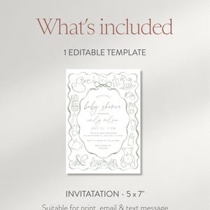May include: A baby shower invitation template with a white background and a soft green border. The invitation includes the text "baby shower" and details for Emily Wilson's shower. The invitation is 5 x 7 inches and suitable for print, email, and text.