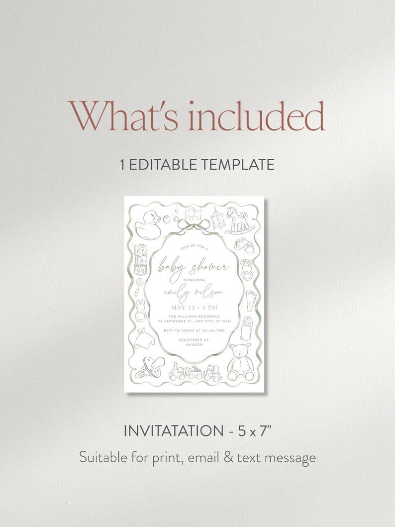 May include: A baby shower invitation template with a white background and a soft green border. The invitation includes the text "baby shower" and details for Emily Wilson's shower. The invitation is 5 x 7 inches and suitable for print, email, and text.