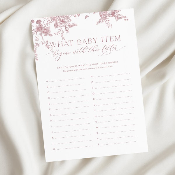 ABC Baby Shower Game, What Baby Item Begins With This Letter, Dusty Pink Floral Minimalist Baby Shower Game, Editable Template 24