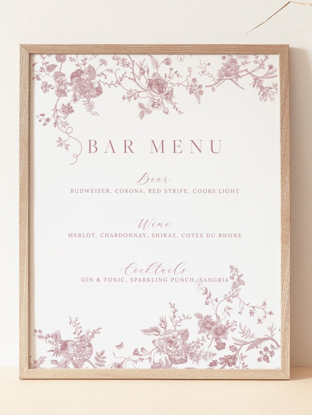 Menu Sign Pink Dusty Rose Floral Bar Menu Sign, Regency Era Wedding (digital Download ...