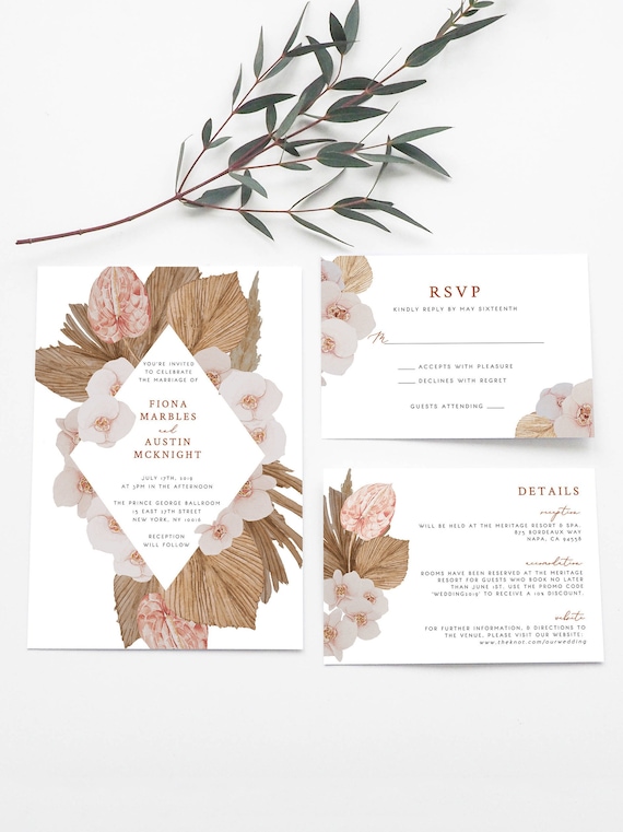 Boho Wedding Invitation Blush Orchid Wedding Pampas Grass Wedding Template Printable Garden Modern Wedding Laceleaf Anthurium Invite 28