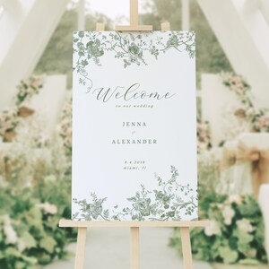 Green Floral Welcome Sign, Wedding Sign Template, Romantic Vintage ...