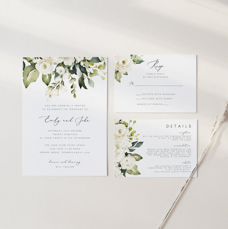 White Floral Wedding Invitation Set Template Greenery White Rose Printable Wedding Invitation Suite Instant Download Editable PDF 21 image 3