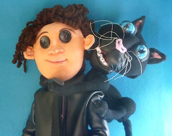 2  fabric dolls  Wybie Lobat with buttons and cat blue eyes, Coraline Jones, stuffed toy, Christmas gift, handmade gift, to play