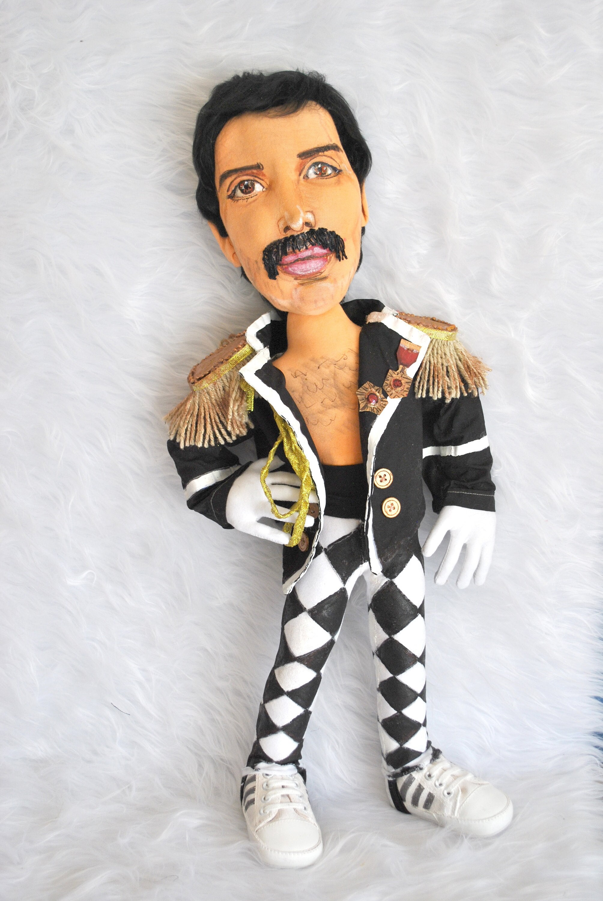Freddie Mercury unique cloth art doll ooak featuring "living on my own", articulated, realistic 20 inch articulated