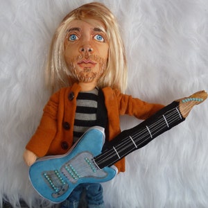 Handmade fabric Kurt Cobain doll with guitar, Nirvana, synthetic hair, realistic clothes, realistic face, 40 cm