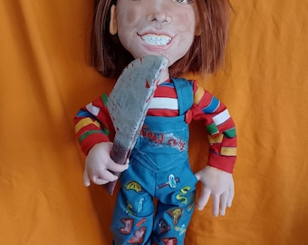 Chucky doll Child&#39;s Play,  with your face, articulated and realistic, life size created entirely by hand following your instructions