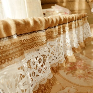 Custom Burlap Window Valance Curtain Vintage white Doily Lace - Rustic Kitchen Valance