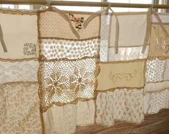 Vintage Handmade Patchwork Lace Curtain, Farmhouse Boho Valance, Tie Top Kitchen Curtain, Rustic Cottage Window Treatment