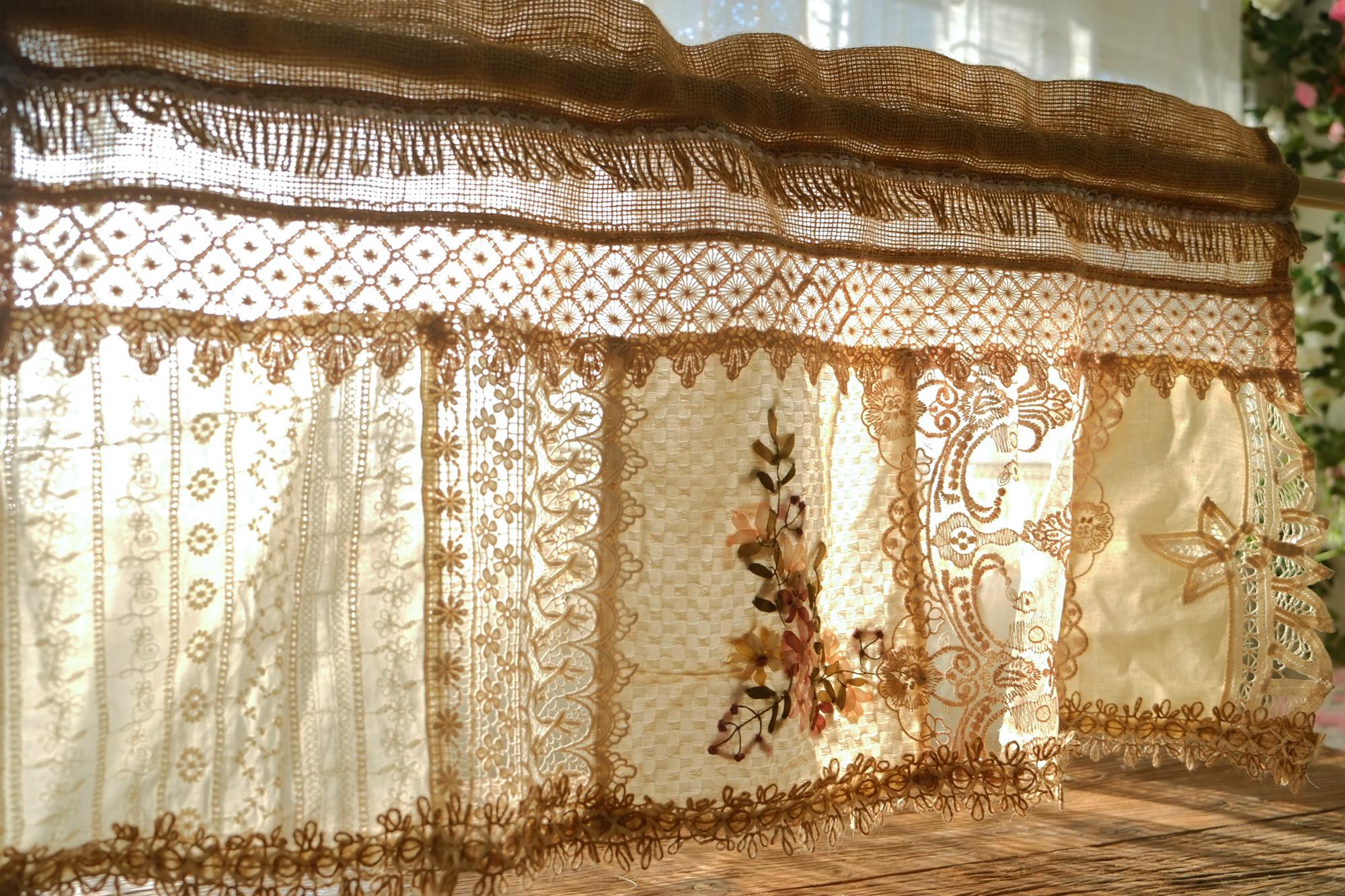Handmade Burlap Lace Curtain French Country Farmhouse Vintage Tea Brown ...
