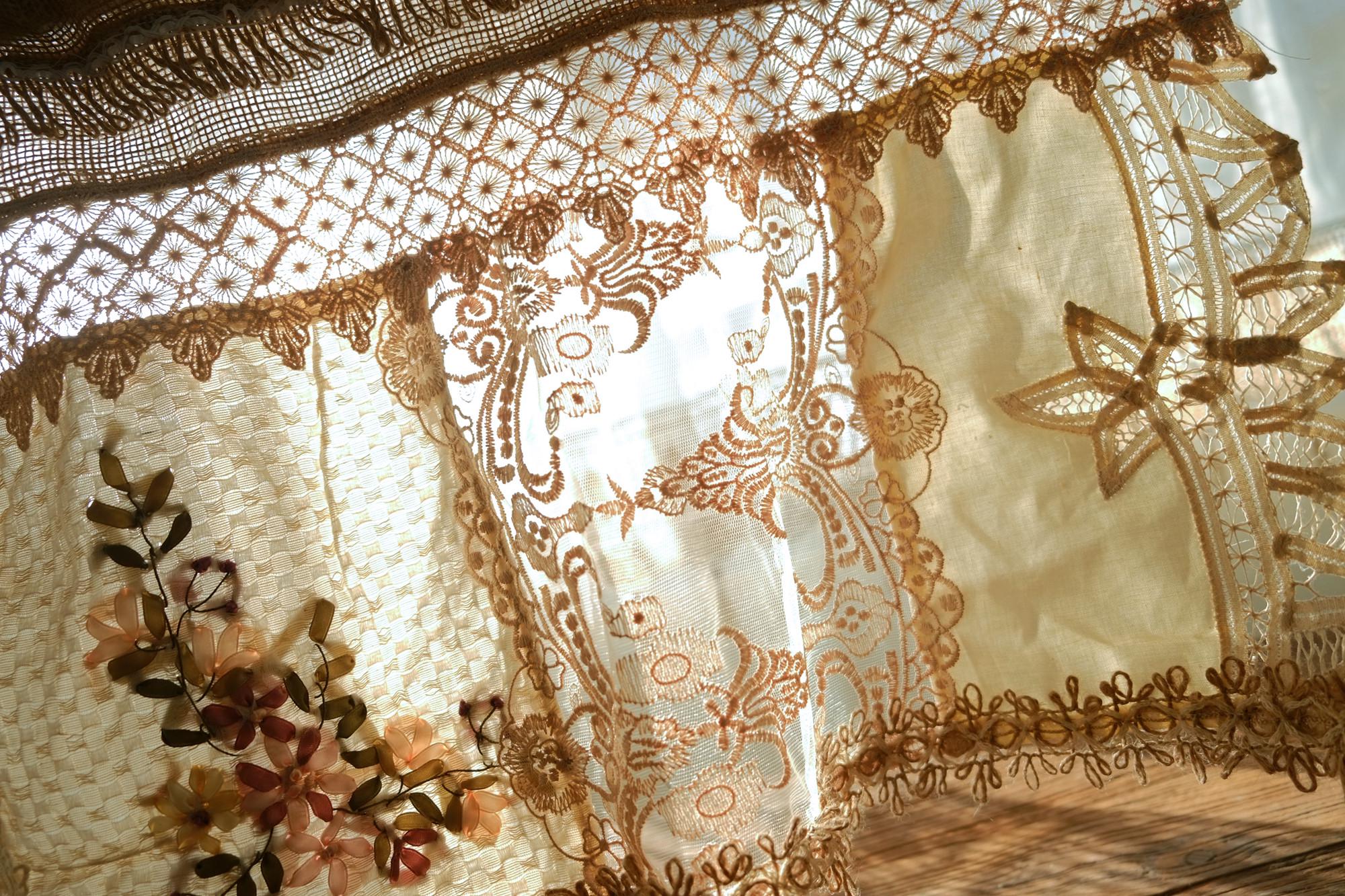 Handmade Burlap Lace Curtain French Country Farmhouse Vintage Tea Brown ...