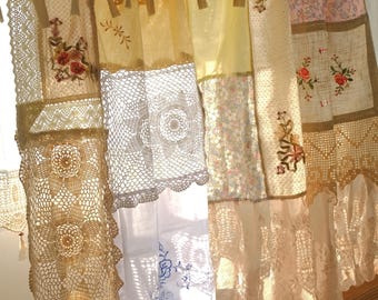 Vintage Crochet Lace Patchwork Curtain, Yellow Floral Ribbon Embroidery Valance, Custom Size Cottagecore Drapery
