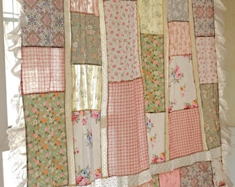 Handmade Floral Patchwork Curtain Shabby Chic Ruffle Lace Trim Natural Textured Fabric Valance