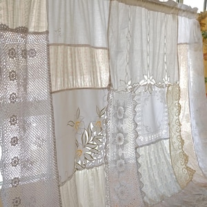 Romantic White Ivory Patchwork Lace Curtain Shabby Chic BOHO French Cottage Window Panel Soft Semi-Sheer Fabric for Rustic Home Styling