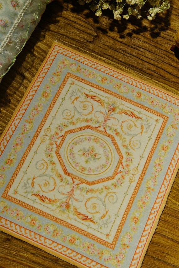 French Aubusson Design 1:12 Dollhouse Miniature Rug Nice Tan Beige Lace