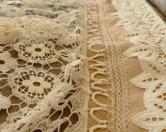 Rustic SHABBY BOHO Country Cottage Farmhouse Vtg. Burlap Lace Fringed Curtain Valance/Wall Hanging/Backdrop