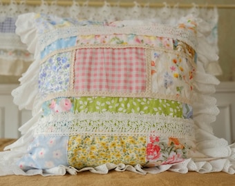 Handmade Floral Patchwork Pillow Cover – Shabby Chic Lace Ruffle, Cottage Style