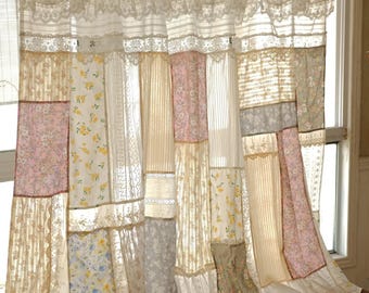 French Provence Pink Patchwork Lace Curtain Mediterranean Floral Shabby Chic Cottagecore Farmhouse Window Panel