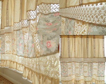 Rustic SHABBY BOHO Country Cottage Farmhouse Vtg. Lace Fringed Curtain Valance/Wall Hanging/Backdrop