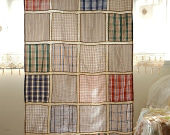 Vintage Plaid Patchwork Curtain, Plaid Gingham Checkered Drapery, Custom Shabby Chic Country Style Panels