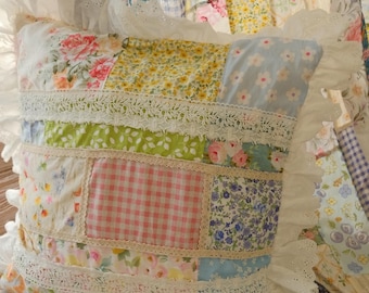 Vintage Floral Patchwork Ruffle Pillow | Handmade Cottagecore Cushion | Shabby Chic Lace Trim Decorative Throw Pillow