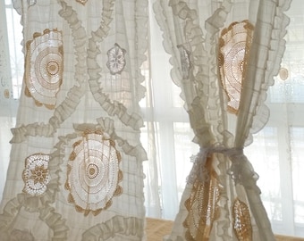 Victorian Shabby Chic White Ruffle Curtain Boho Lace Doily Farmhouse French Country Window Panel