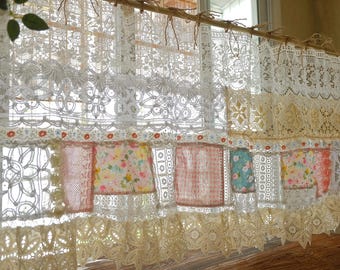Handmade Vintage Crochet Lace Patchwork Curtain Valance — Shabby Chic Sheer Cafe Curtain for Kitchen Window Decor