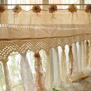 SHABBY écru BOHO Country Cottage vintage ferme toile de jute dentelle frangée rideau cantonnière/tenture murale/toile de fond