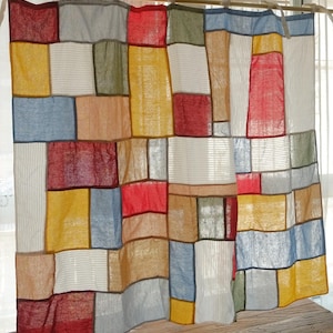 Cortina de patchwork inspirada en Bojagi / Panel de ventana de lino hecho a mano / Cortina de café de estilo coreano moderno / Decoración rústica con bloques de color