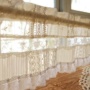 Beautiful Elegant French Country Cottage White Ivory Fabric Lace Farmhouse Curtain Valance Kitchen,  Caffe Curtain, Living Room