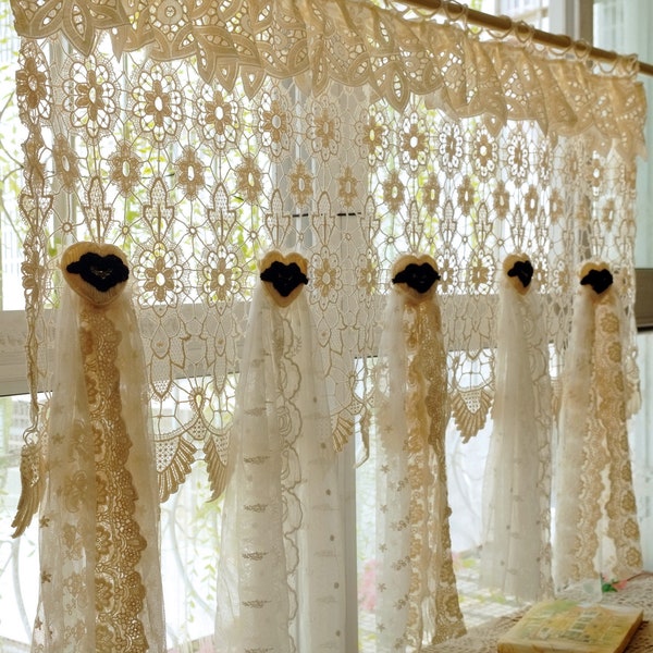 Rustic SHABBY BOHO Country Cottage Farmhouse Vtg. Burlap Lace Fringed Curtain Valance/Wall Hanging/Backdrop