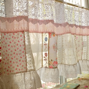 Beautiful Elegant French Country Cottage Colorful Fabric Farmhouse Lace Curtain Valance Backdrop/Wall Hanging image 1