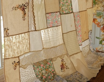 Farmhouse BOHO Patchwork Cafe Curtains with Vintage Ribbon Floral Embroidery