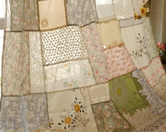 Bohemian Patchwork Lace Curtain Panel, Handmade Vintage Fabric Curtain, Cottagecore Window Decor, Soft Floral Drapes