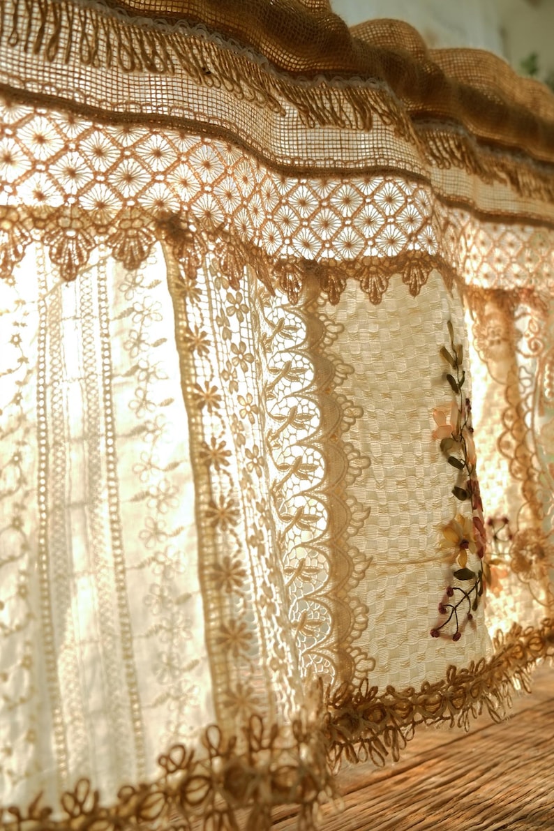 Handmade Burlap Lace Curtain French Country Farmhouse Vintage Tea Brown ...