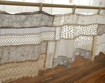 Boutique Handmade Nordic Patchwork Window Valance featuring Hand-Crocheted Lace