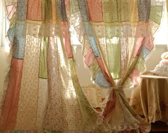 Colorful Patchwork Lace Curtain Panel French Country Shabby Chic Drapes Mediterranean Elegant Window Treatment