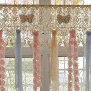 SHABBY Ecru BOHO Landhaus Vintage Bauernhaus Sackleinen Spitze Fransen Vorhang Volant/Wandbehang/Hintergrund