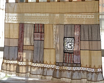 Handmade Gingham Patchwork Tab Top Curtain Shabby Chic Ruffle Lace Natural Textured Fabric Valance
