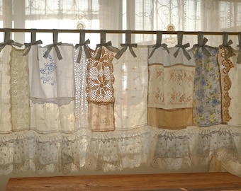 Vintage Blue Floral Patchwork Curtain, French Country Crochet Lace Valance, Custom Shabby Chic Tiers