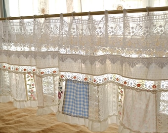 French Country Blue Gingham Patchwork Tie Top Curtain Lace Ruffle Natural Textured Valance