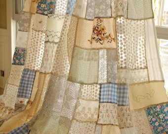Shabby Chic Patchwork Window Curtain, Handmade Cottagecore Lace Panel, Rustic Farmhouse Drapes, Soft Neutral Tones